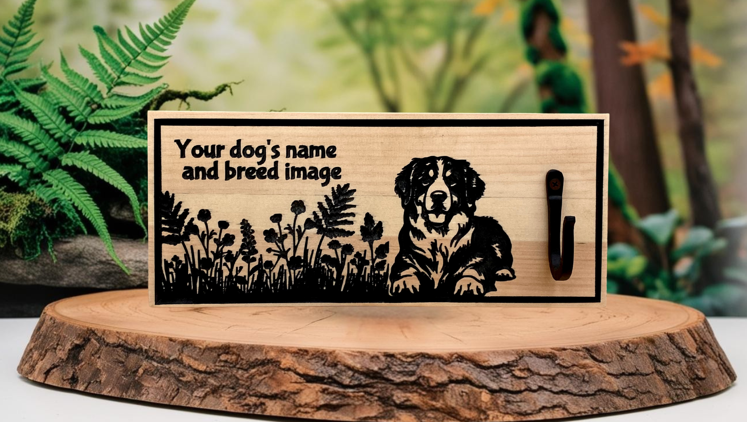 A customizable pine, handcrafted leash holder for a dog displayed amid a natural backdrop.